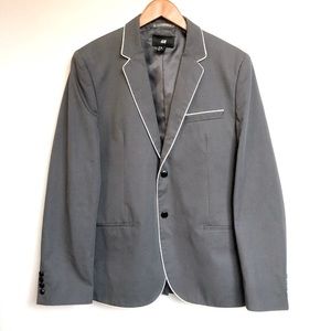 H&M is Mens Coat Size 40R Y2K Navy Blue Blazer Jacket White Trim Lined